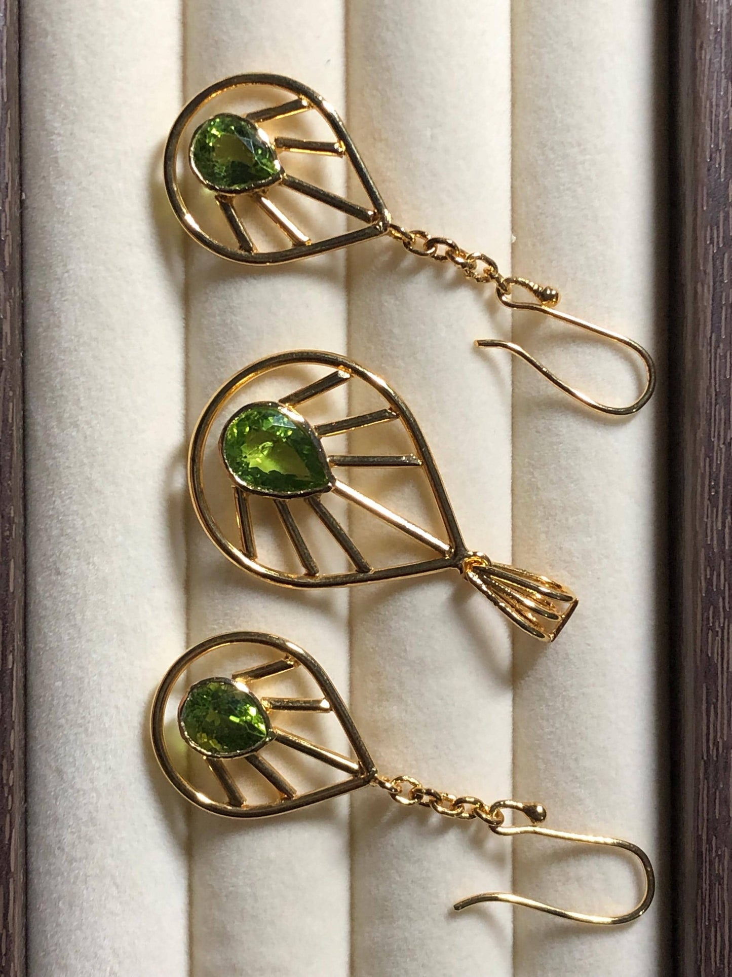 Peridot Necklace and Earrings Set | Gold Plated Leaf Design | August Birthstone