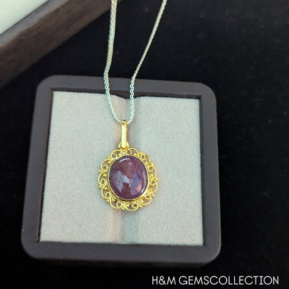 Ruby Cabochon Pendant: Gold Plated Sterling Silver, Vintage Style