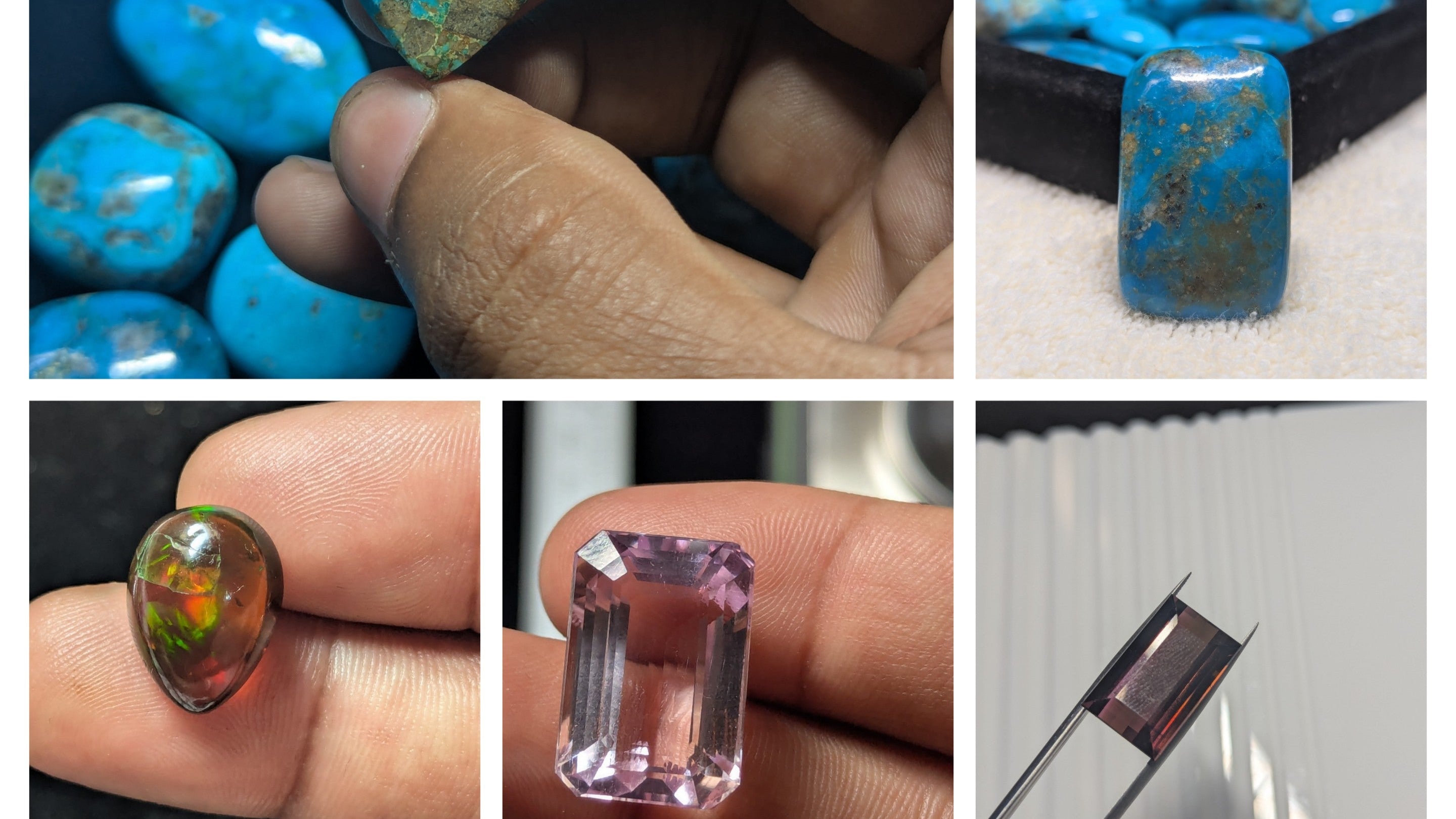 A collage of gemstones held or displayed.