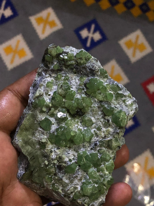 Demantoid Crystals With Mother-Rock Combine. Demantoid Garnet Mineral Specimen. Collector’s Grade Raw Garnet Crystal Cluster.