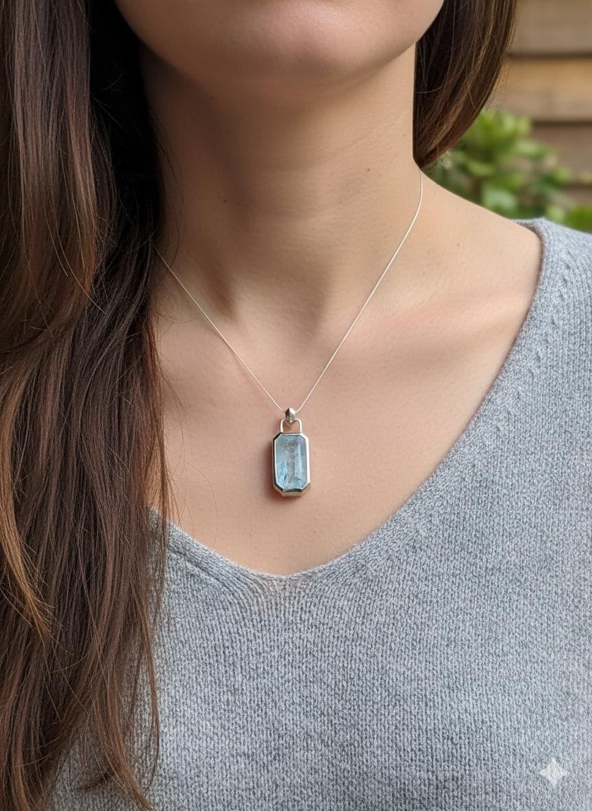 Aquamarine Sterling Silver Necklace: Crystal Pendant
