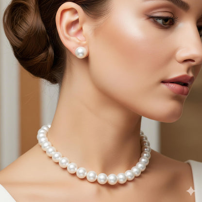 Natural Pearl Necklace with Silver 925 Earrings, 11mm Pearls Jewelry Set