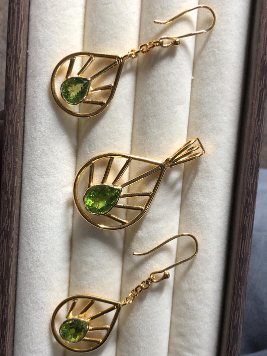 Peridot Necklace and Earrings Set | Gold Plated Leaf Design