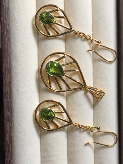 Peridot Necklace and Earrings Set | Gold Plated Leaf Design | August Birthstone