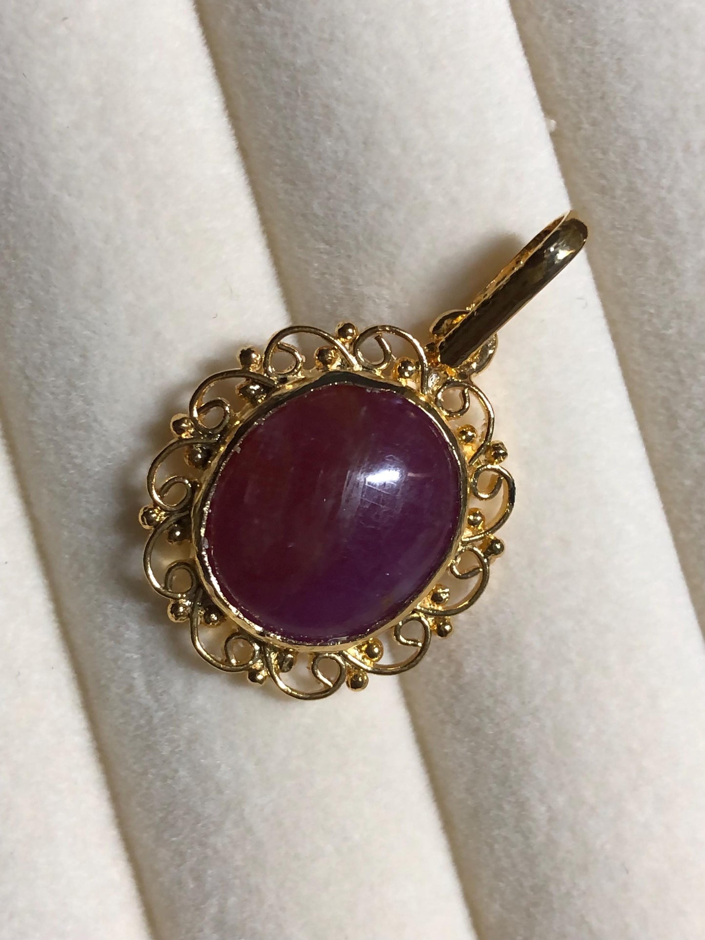 Ruby Cabochon Pendant: Gold Plated Sterling Silver, Vintage Style
