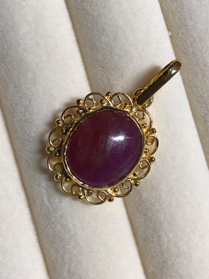 Ruby Cabochon Pendant: Gold Plated Sterling Silver, Vintage Style