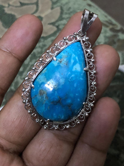 Handmade Teardrop Turquoise Pendant: Sterling Silver Boho Necklace