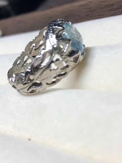 Natural Aquamarine Sterling Silver Ring | Handmade S925 Statement Ring | Size US 15