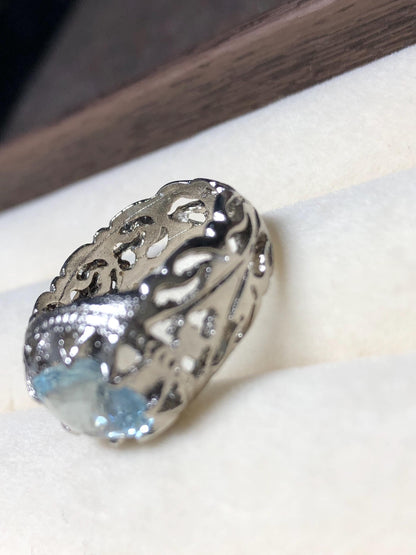 Natural Aquamarine Sterling Silver Ring | Handmade S925 Statement Ring | Size US 15