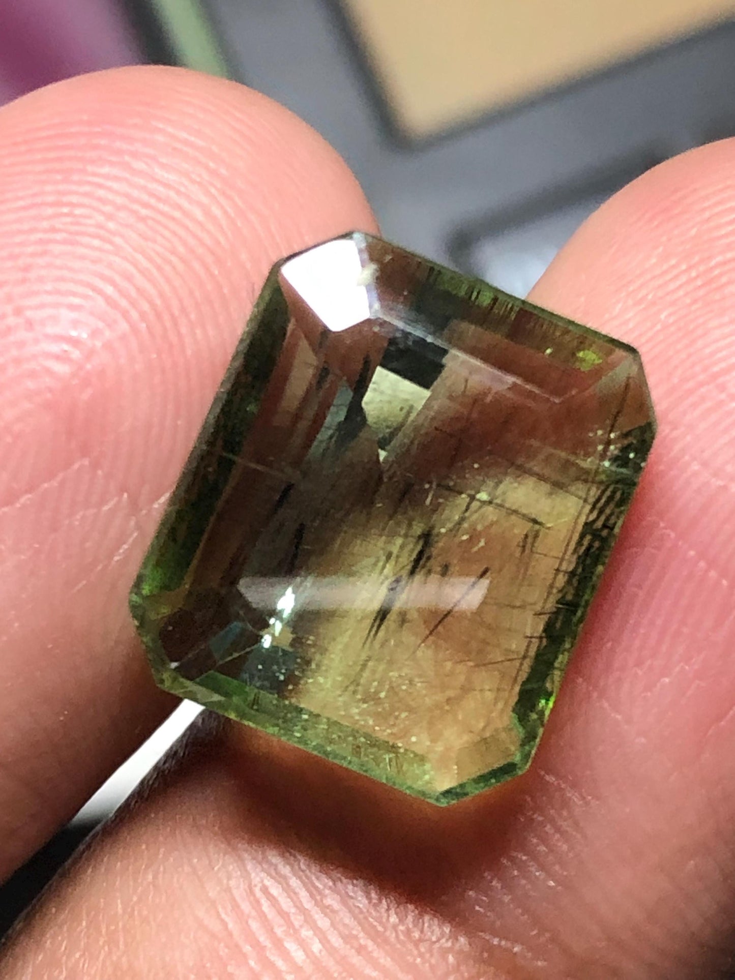 Natural Rutile Peridot 10.18 Ct – Supat Valley | Emerald Cut Rare Inclusion Gem