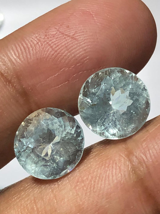 Matching Aquamarine Gemstone Pair | 11.00 ct, 10.8 mm Round Faceted
