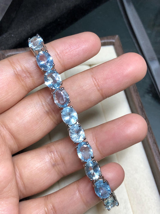 Natural Oval Aquamarine Tennis Bracelet | S925 Sterling Silver