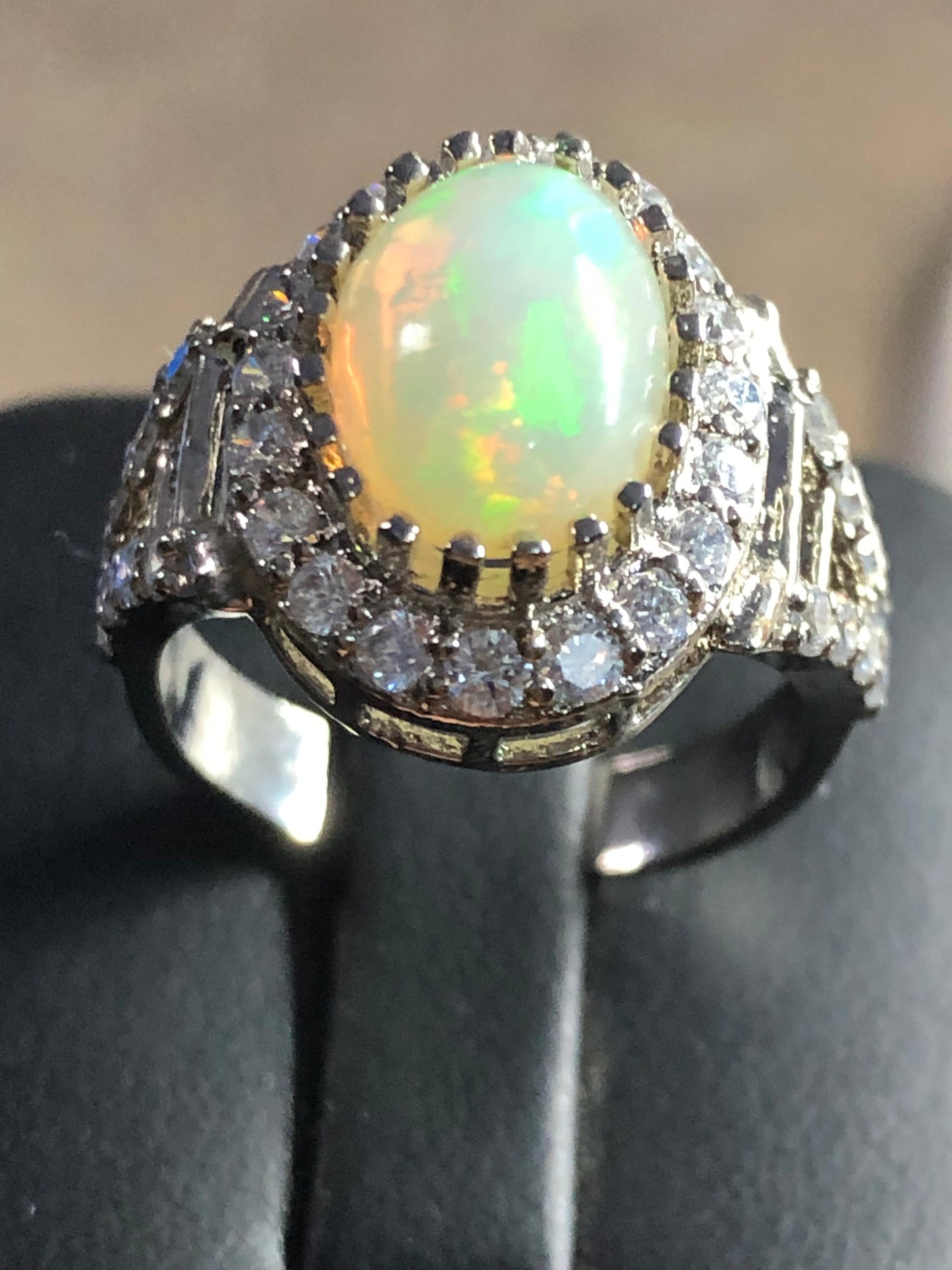 Elegant opal diamond ring silver finish