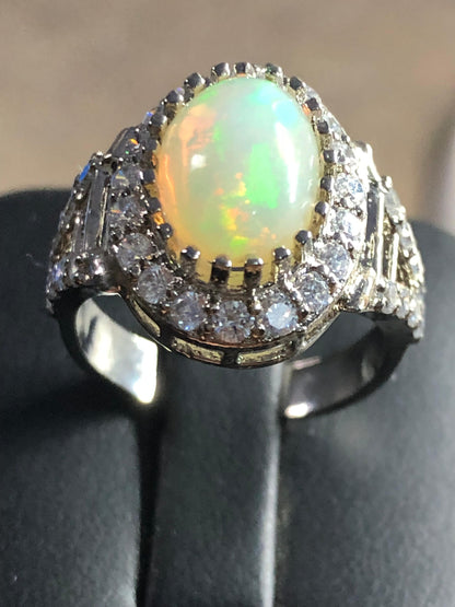 Elegant opal diamond ring silver finish
