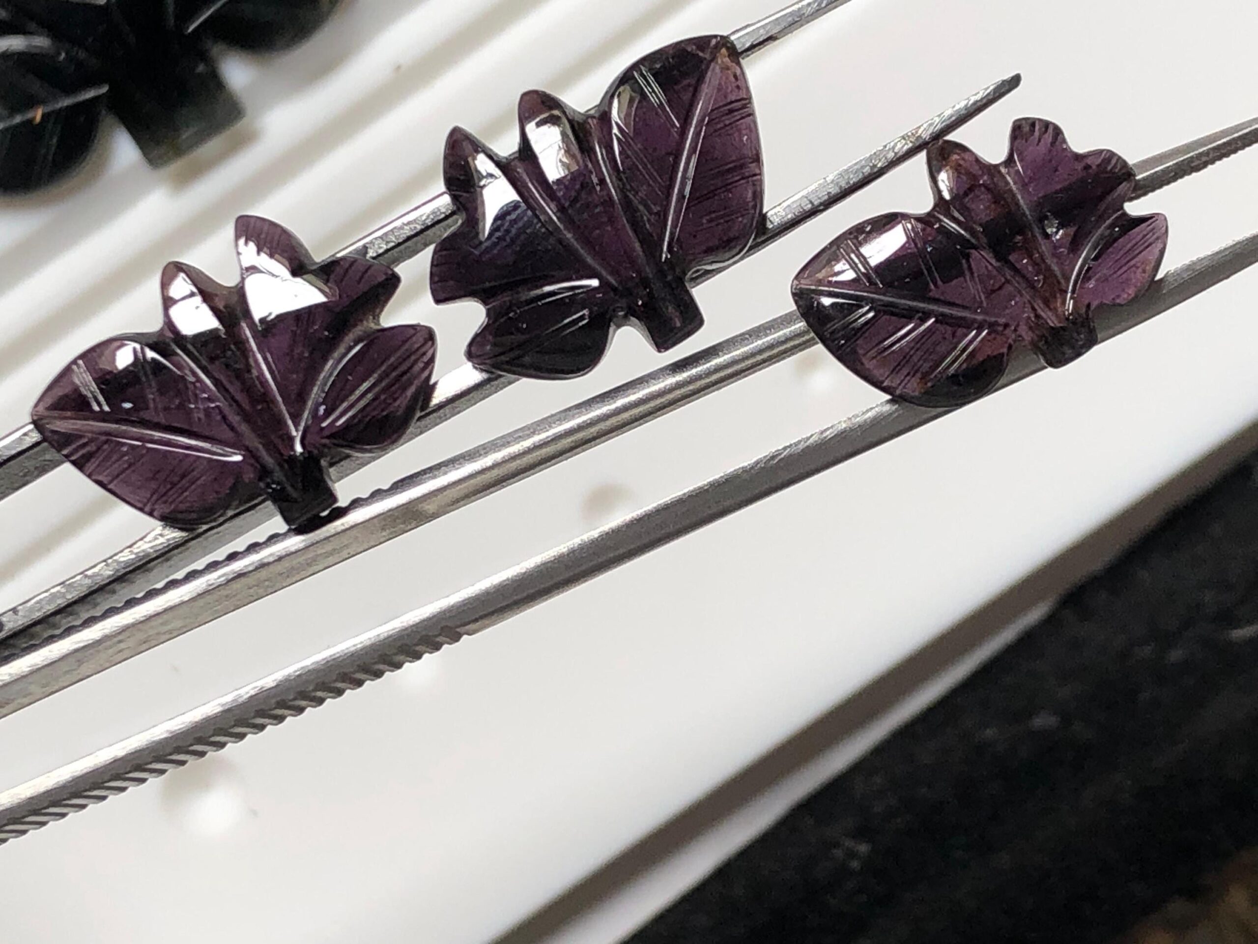 Natural 18.65ct Leaf Carved Purple Tourmaline Set – Handcrafted Gemstone Carvings