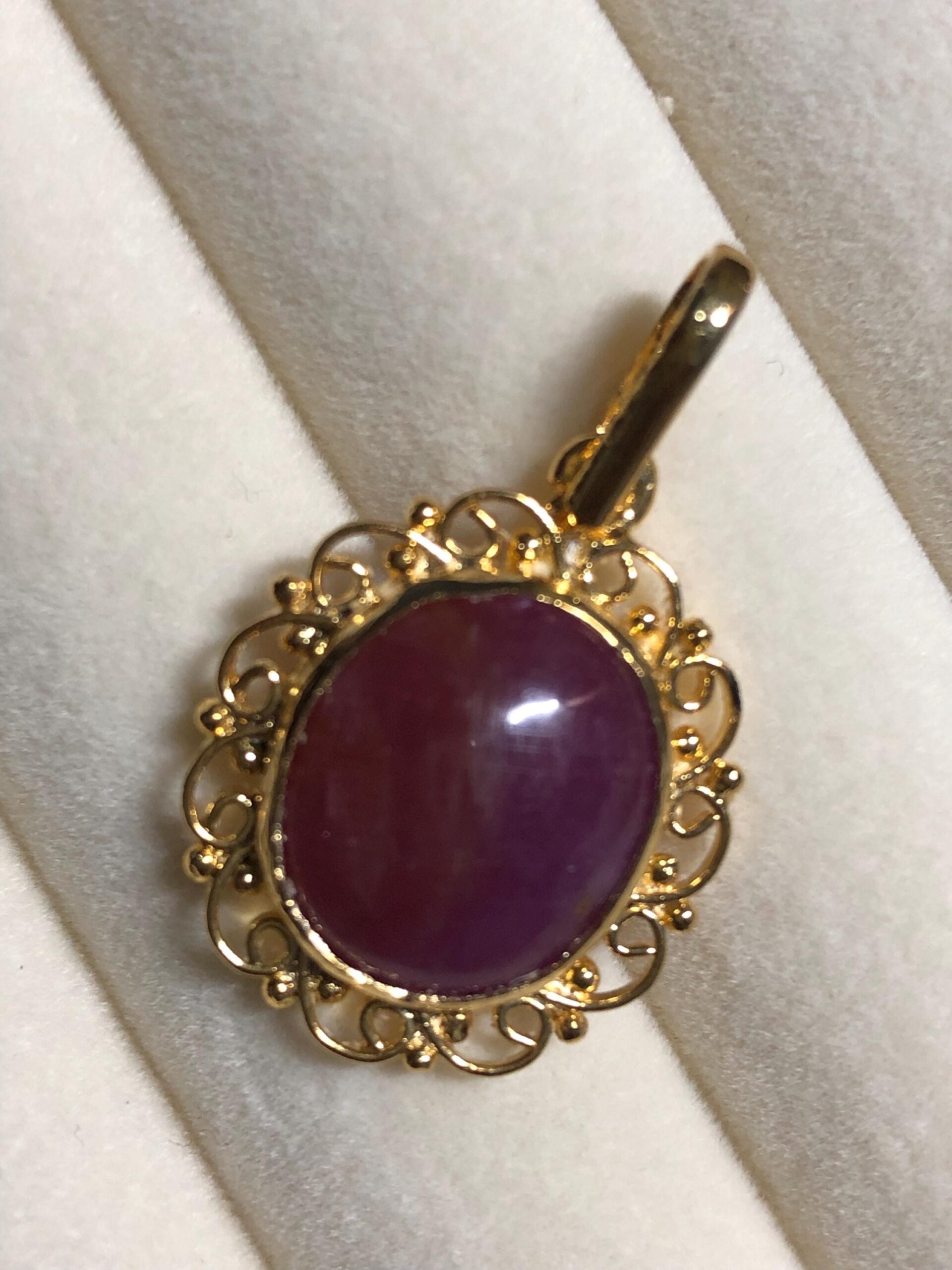 Natural Ruby Cabochon Pendant: Gold Plated Sterling Silver, Vintage Style