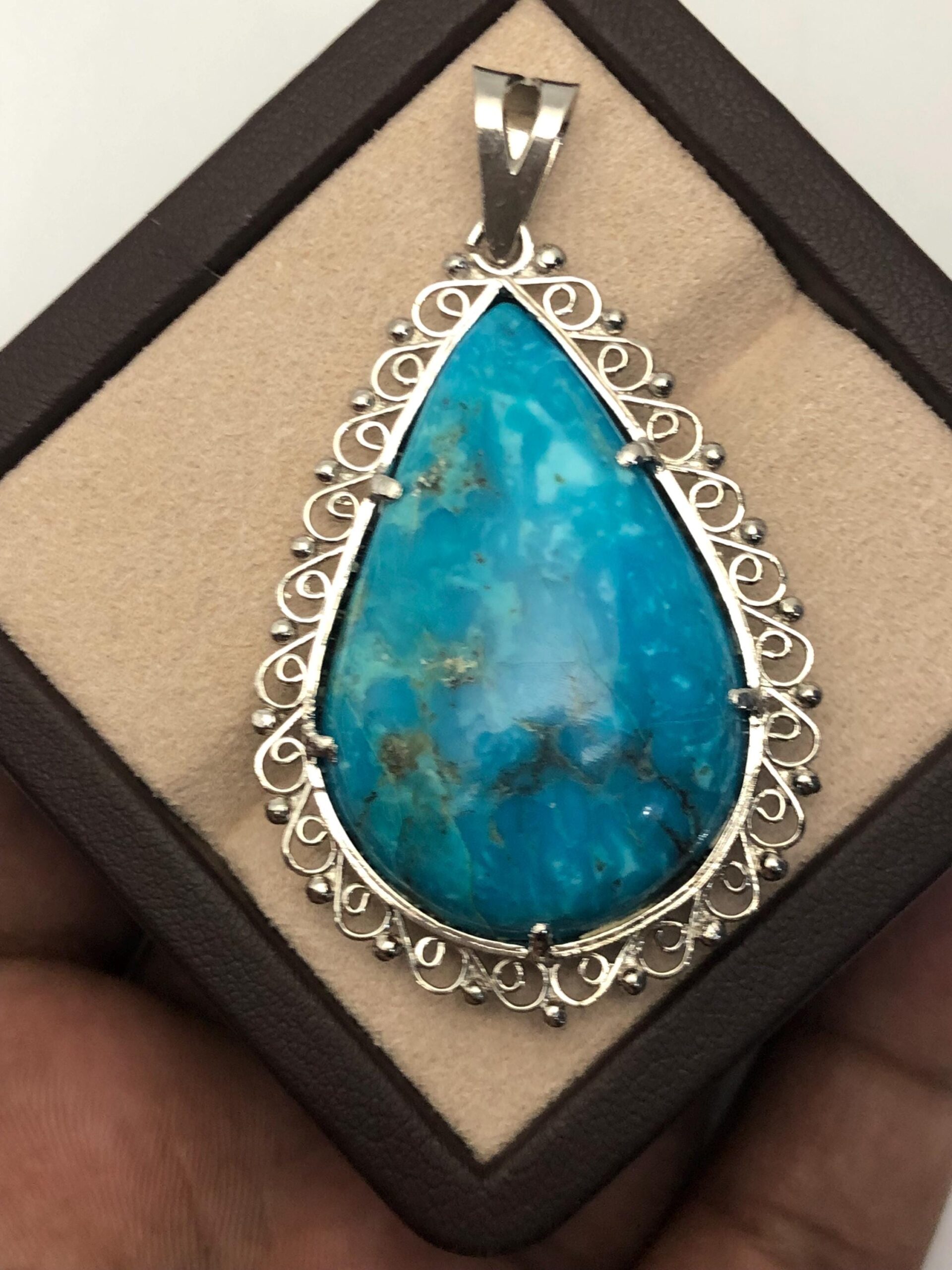 Handmade Teardrop Turquoise Pendant: Sterling Silver Boho Necklace 56.3*33.9 mm