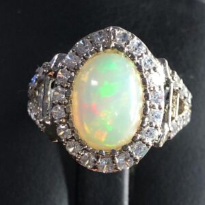 Ethiopian Opal Ring | Sterling Silver, Zircon Halo, Handmade, ring size US 7