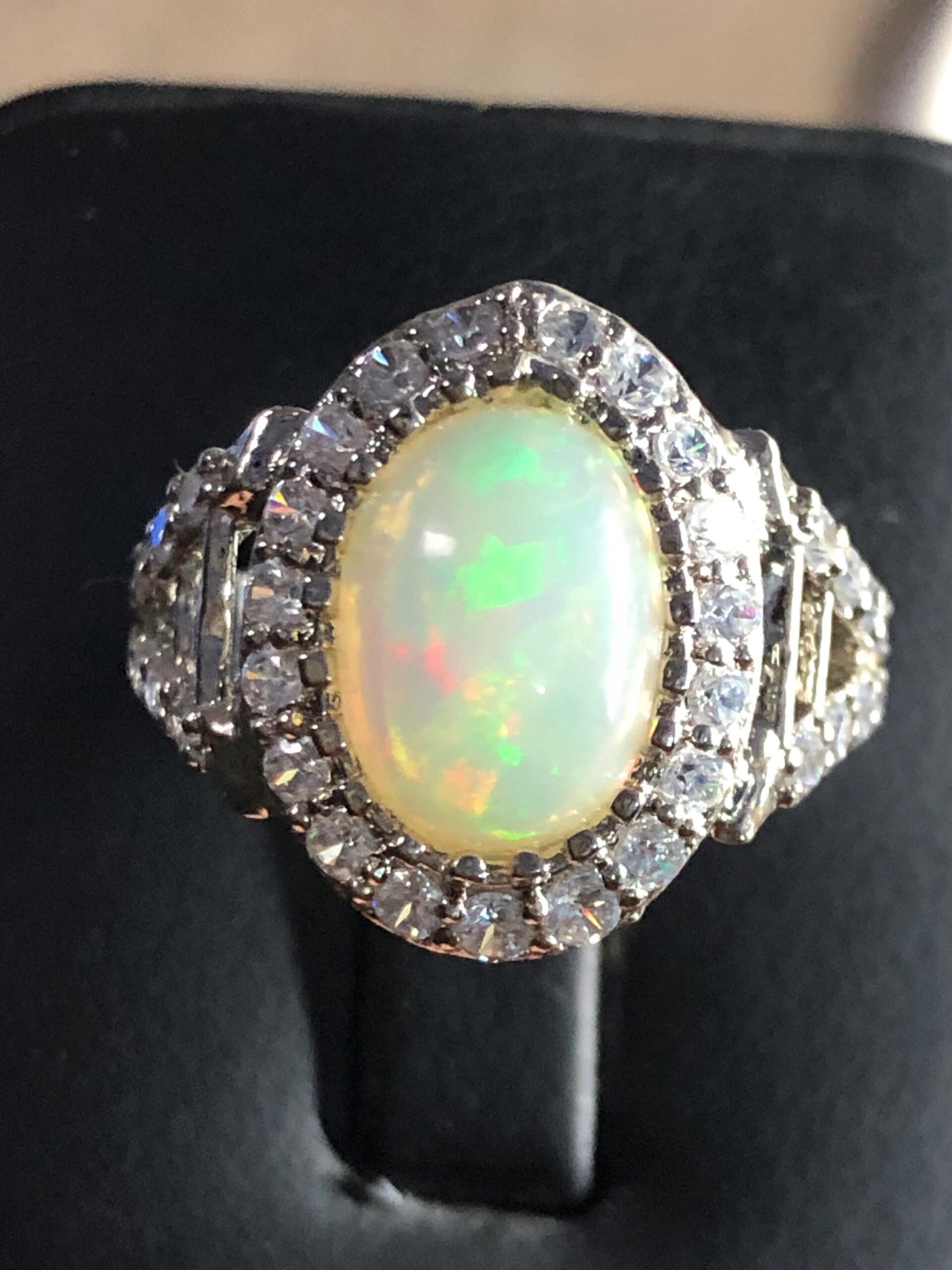 Ethiopian Opal Ring | Sterling Silver, Zircon Halo, Handmade, ring size US 7