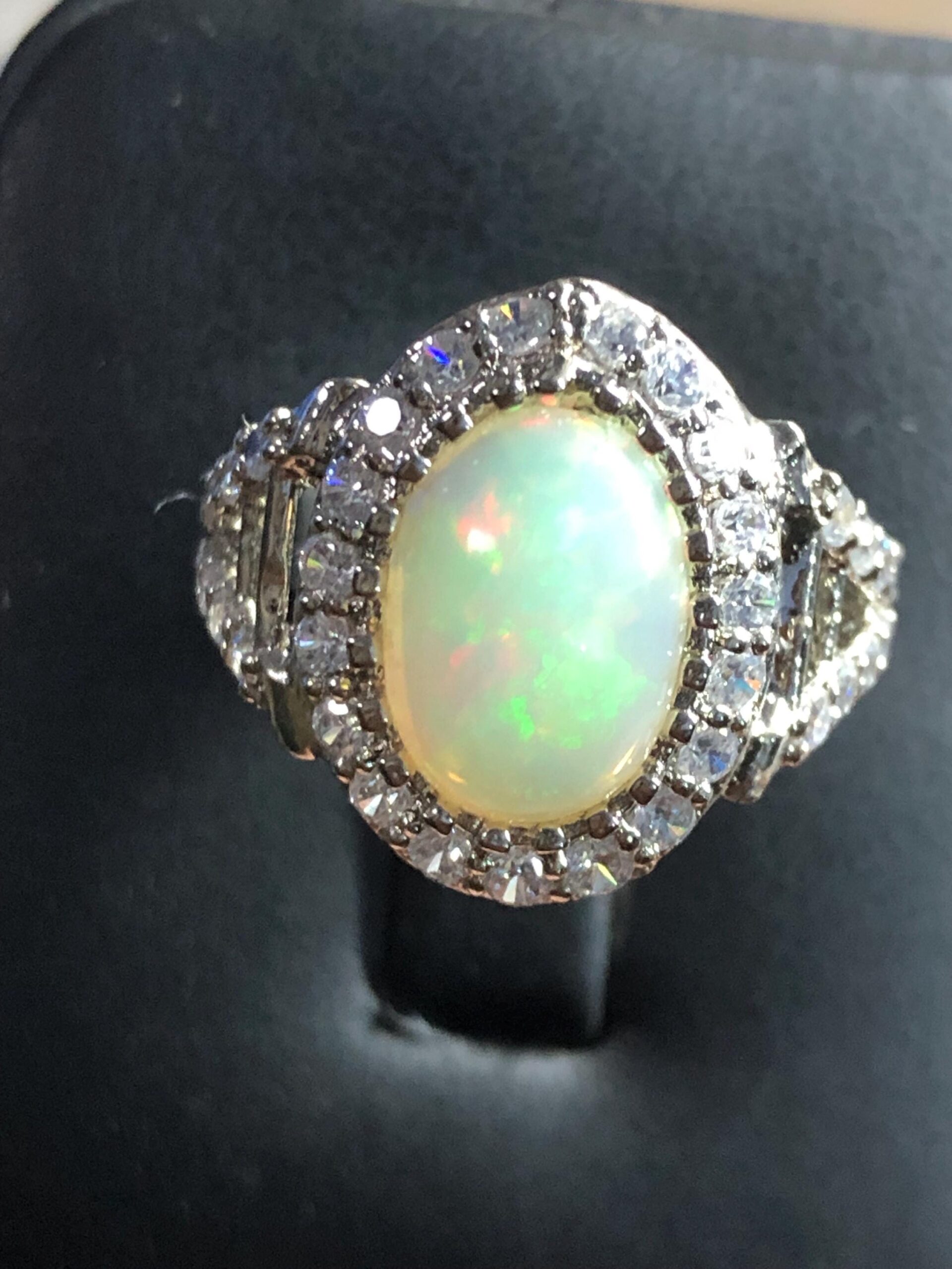 Ethiopian Opal Ring | Sterling Silver, Zircon Halo, Handmade, ring size US 7 - Image 2
