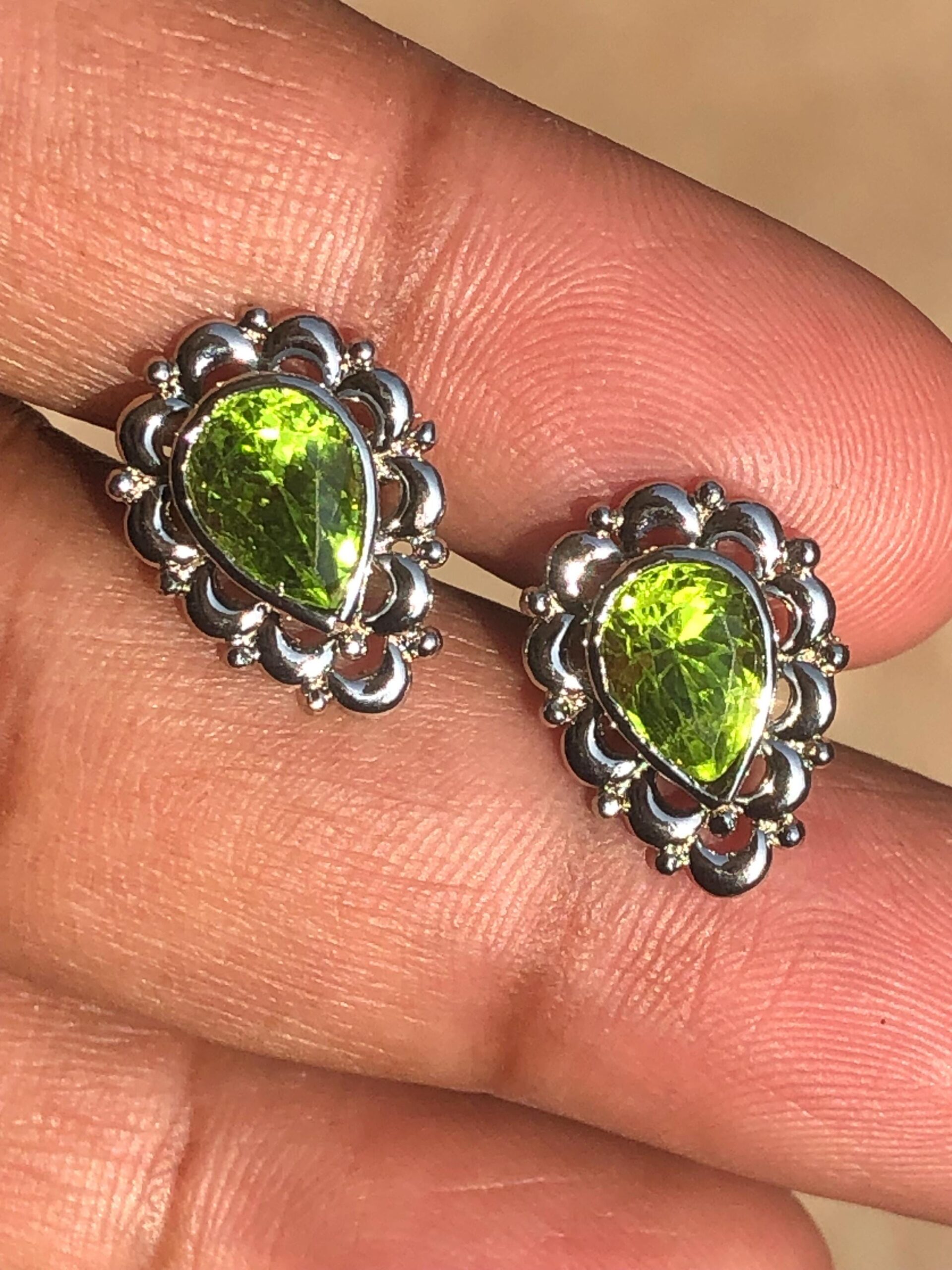 Pear natural Peridot Sterling Silver Stud Earrings | August Birthstone - Image 2