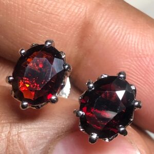 natural Rhodolite Garnet Stud Earrings | Oval 925 Sterling Silver, Handmade