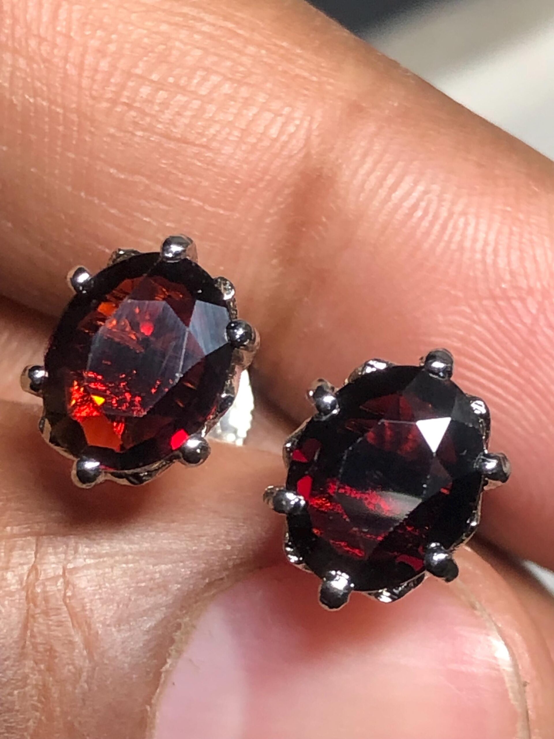 natural Rhodolite Garnet Stud Earrings | Oval 925 Sterling Silver, Handmade