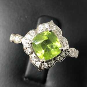 Natural Peridot Cushion Cut Ring | Sterling Silver Moissanite Halo Statement Ring